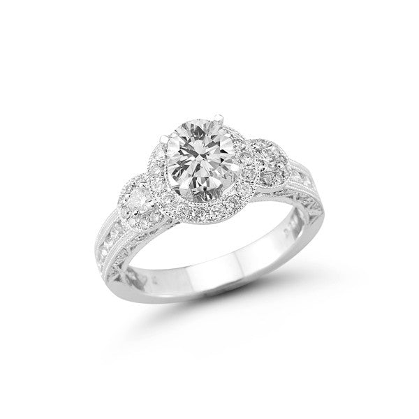 The Vintage Three Stone Halo Engagement Ring